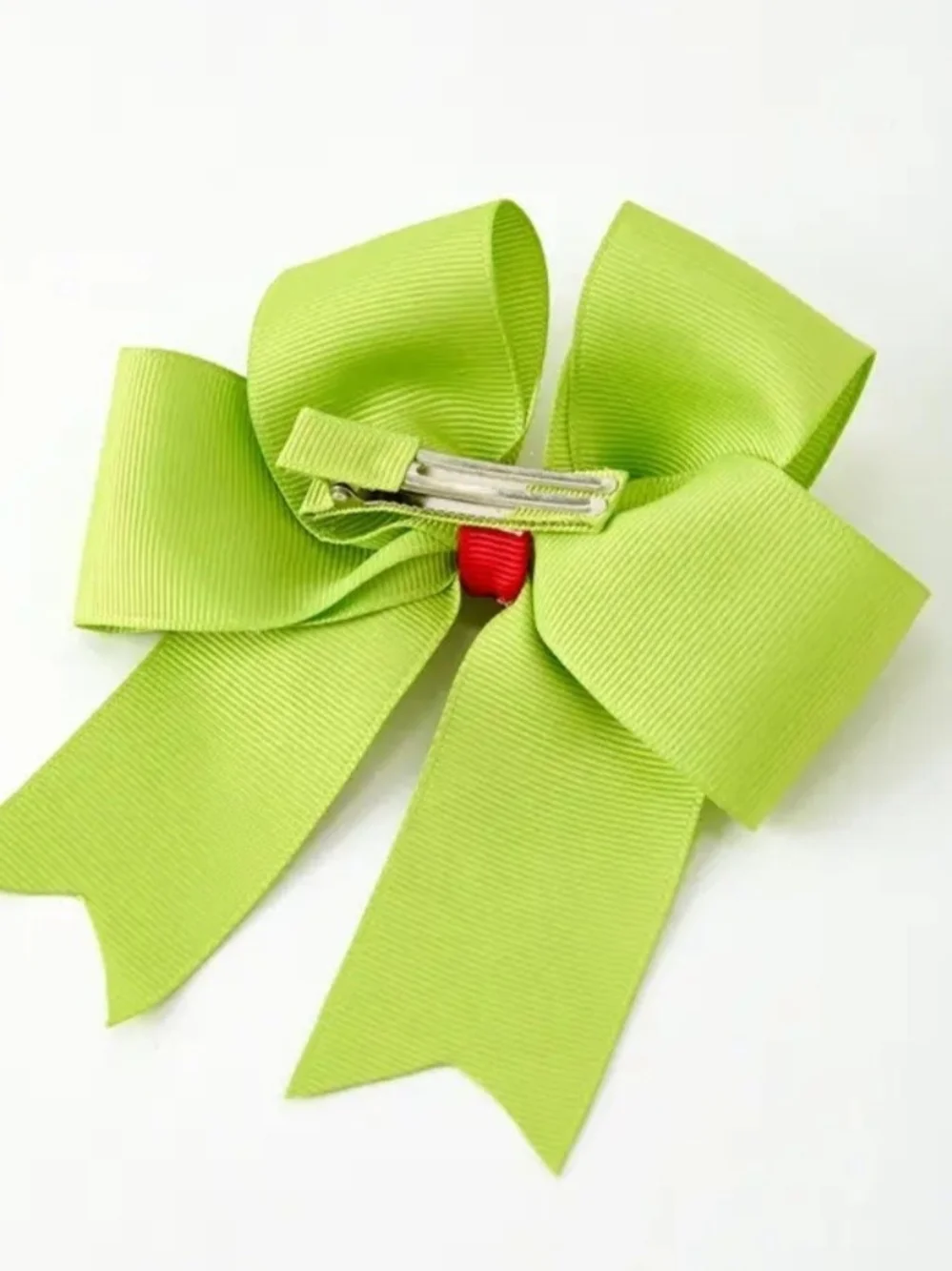 Kids Green Grinch Bow Hair Clip with Red Ornament Accent